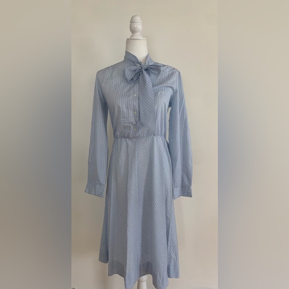 Vintage Striped Tie Neck Cotton Blend Dress Sz Small - Picture 1 of 11